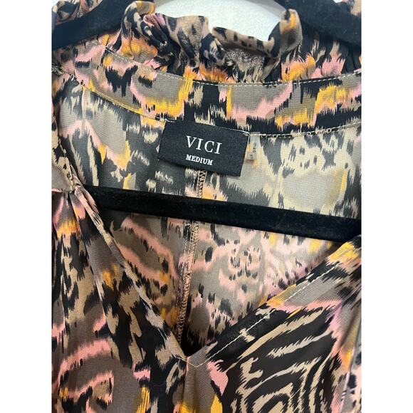 Vici Size MED Long Sleeve Dress Ruffled Collar Fall Colors Chic Classic - Picture 5 of 6